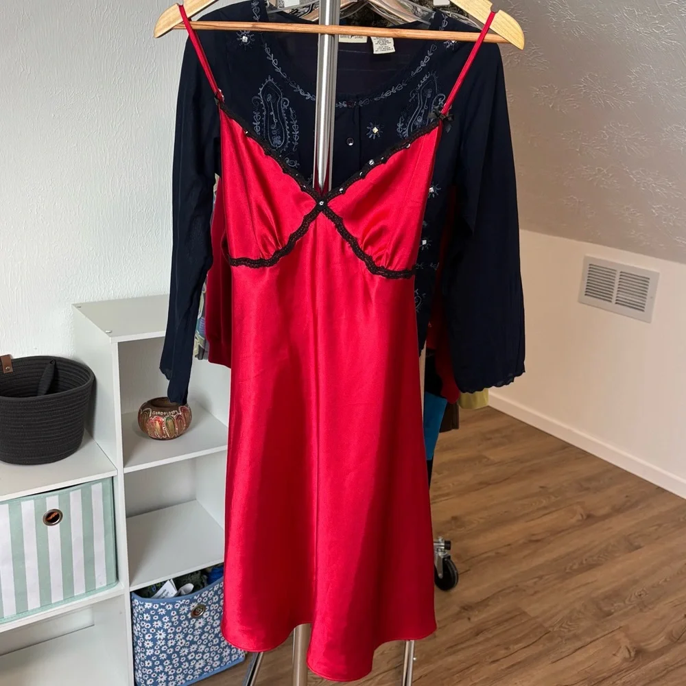 vtg California Dynasty red satin slip dress with lacey trim size large